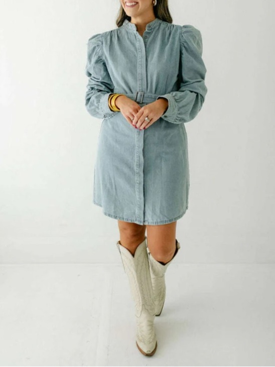 Karlie Dresses & Skirts - Karlie Puff Sleeve Belted Denim Dress